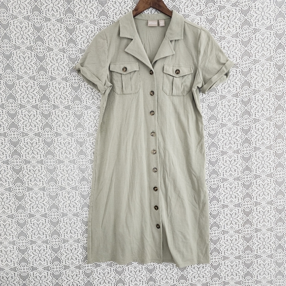 Chico's Button up Shirt Dress Short sleeve Size 1/ 8 Green